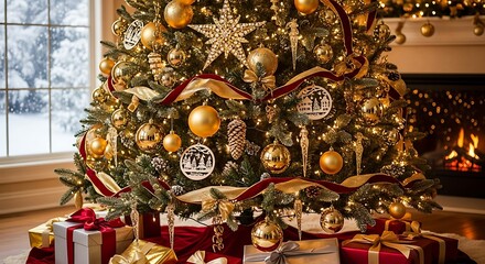 Naklejka premium Festive christmas tree adorned with golden ornaments and gifts, illuminated by a cozy fireplace,