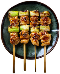 Grilled Chicken, Chicken and Green Onions on Skewers, Japanese Style Yakitori, isolated background.