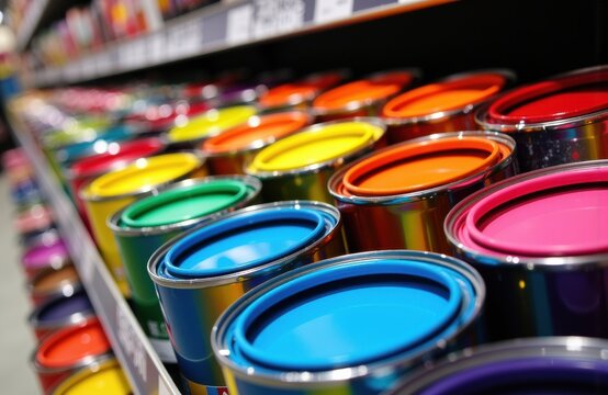 Colorful paint cans arranged on store shelves in various shades of blue, pink, yellow, green, and orange - Powered by Adobe