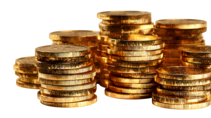 Shiny stacked gold coins, realistic lighting, isolated on white
