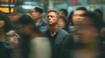 A man with closed eyes standing still in a busy subway station with people rushing past like a blur, only he is in sharp focus — motion vs stillness, mindful contrast 