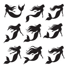A set of ten elegant black silhouette illustrations of mermaids, presented as a cohesive sticker sheet against a pristine white background. 