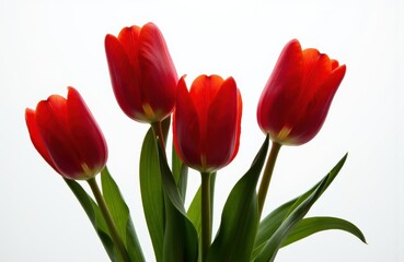 Naklejka premium Red tulips with green leaves arranged against a white background