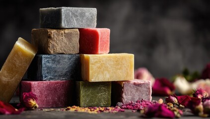 Stacked colorful artisanal soaps