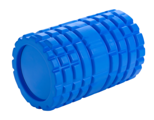 Blue textured foam roller for muscle recovery, physical therapy, and fitness training on transparent background