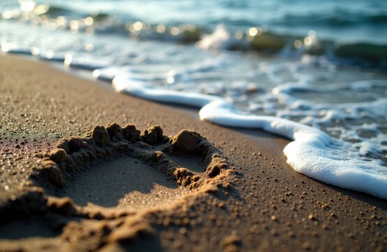 A heart shape drawn in the sand on a beach with gentle waves approaching the shore - Powered by Adobe