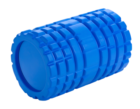 Blue textured foam roller for muscle recovery, physical therapy, and fitness training on transparent background