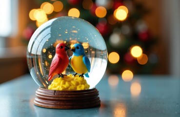 Colorful bird figurines inside a glass snow globe with blurred festive lights in the background