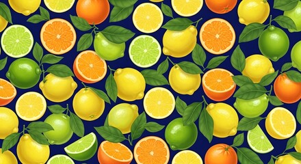 Vibrant citrus pattern with lemons, limes, and oranges bursting with freshness and color