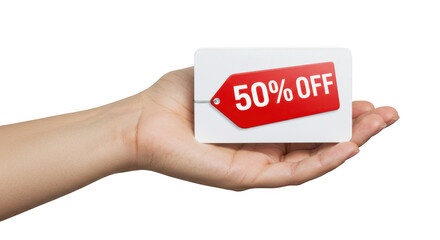 Hand holding a red tag with fifty percent off text isolated on transparent background