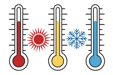 Vector art of three thermometers showing hot, moderate, and cold temperatures isolated on white background