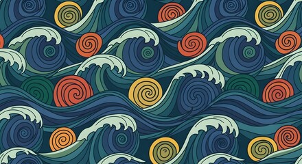 Fototapeta premium Dynamic ocean waves with colorful swirling elements create a vibrant, eye-catching seamless pattern design