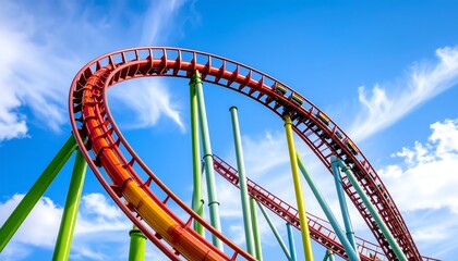 Roller Coaster Track Climbing Against Blue Sky Adventure