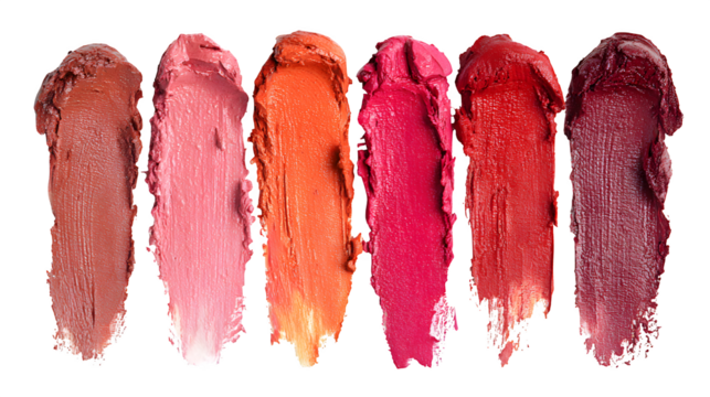 Smears of lipstick in multiple shades, isolated on white