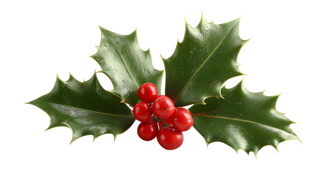 Christmas holly leaf and berry cluster, isolated on white