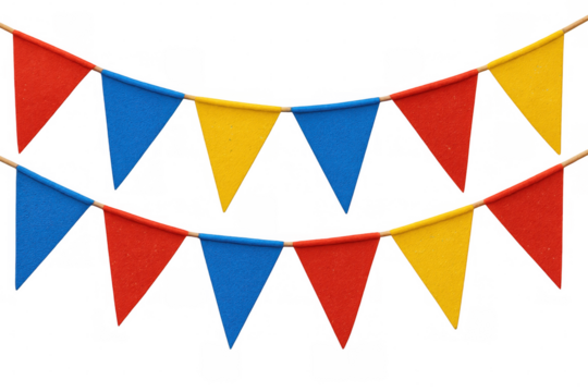 Two strings of colorful triangle flags hanging against a transparent background, creating a festive atmosphere for celebrations and events