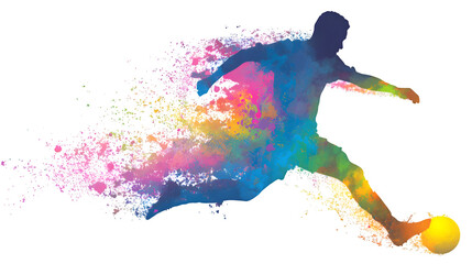 Soccer player silhouette kicking ball with color burst, isolated on white