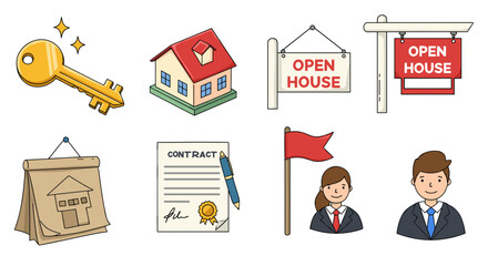 Cartoon illustrations depicting real estate elements and brokerage services on white background.