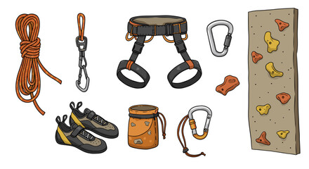 Climbing Gear Vector Set Featuring Rope, Harness, Shoes, and Climbing Wall