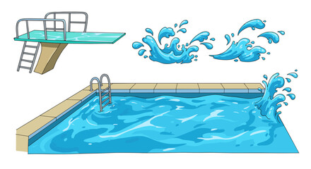 Clean, blue swimming pool with diving board and water splashes illustration