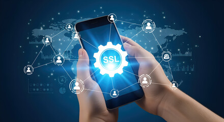 Hands Holding Smartphone with Glowing Cogwheel and SSL on Blue World Map Background