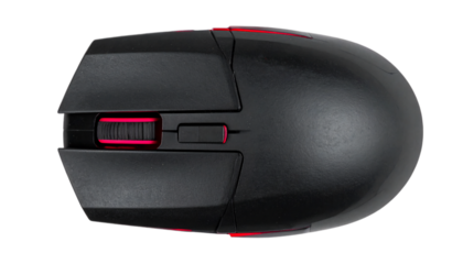 Modern ergonomic computer mouse with red illumination, featuring a sleek design and advanced functionality for gaming and professional use on transparent background