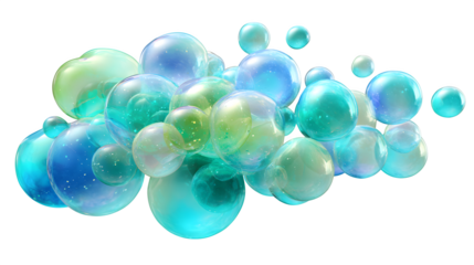Cluster of floating soap bubbles in blue and green hues, isolated