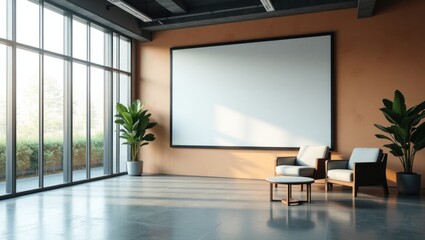 Empty waiting area with large blank billboard.