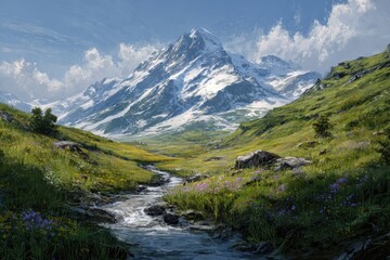 Fototapeta premium Alpine valley with snow-capped peak. Sunny vista