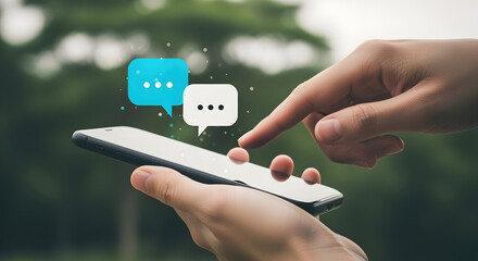 Hands Interacting With Black Smartphone Displaying Digital Speech Bubbles on Blurred Green Background in Modern Communication Style
