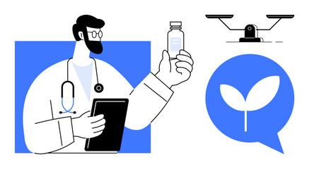 Doctor with stethoscope and tablet examines medicine vial, scales highlight balance, leaf in bubble signifies eco-conscious healthcare. Ideal for medicine, balance, sustainability, health