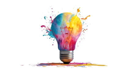 Colorful glowing bulb with paint splash effect, isolated on white