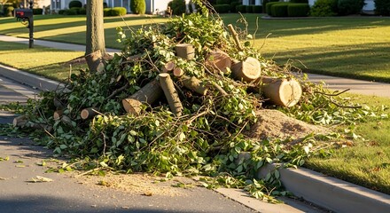 Pile of tree branches and logs by the roadside after tree trimming service