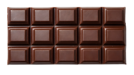 Top view of a chocolate bar with square segments, isolated on white