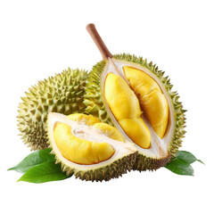 Fototapeta premium Fresh durian fruit halves on leaves