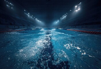 Dark indoor pool, spotlights, action