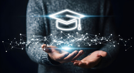 Illuminated Graduation Cap Over Open Hands with Abstract Network on Dark Background