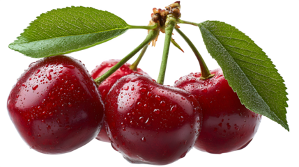 Trio of cherries with green leaves attached, isolated on white