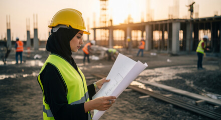Muslim woman architect, civil engineer at construction site checking construction plan with diagram