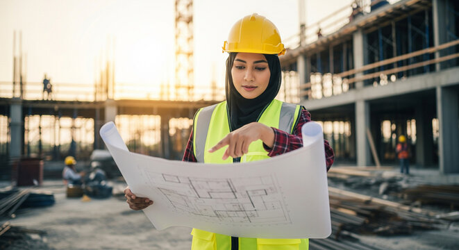 Muslim woman architect, civil engineer at construction site checking construction plan with diagram