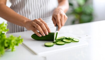 Close-up of a woman's hand slicing a cucumber on a white cutting board.

