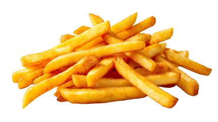 Crispy golden french fries on clean white background