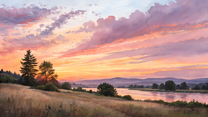 Watercolor sunset. Generative AI, png image.	
