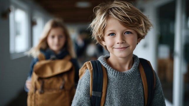 Happy young boy with backpack smiles, girl blurred behind in school hallway - Powered by Adobe