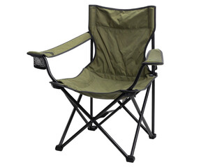 Olive green folding camping chair with armrests and cup holder, portable seating for outdoor activities and relaxation on transparent background