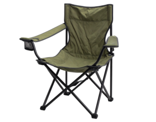 Olive green folding camping chair with armrests and cup holder, portable seating for outdoor activities and relaxation on transparent background