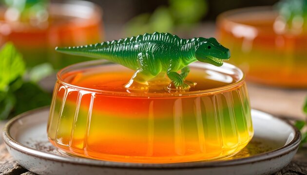 Two-tone jelly dessert with a green and red dinosaur.

