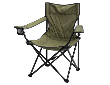 Olive green folding camping chair with armrests and cup holder, portable seating for outdoor activities and relaxation on transparent background