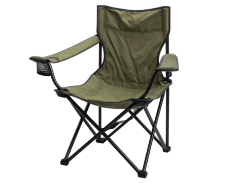 Olive green folding camping chair with armrests and cup holder, portable seating for outdoor activities and relaxation on transparent background