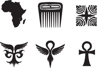 Naklejka premium African heritage symbols: continent, comb, ankh, and more